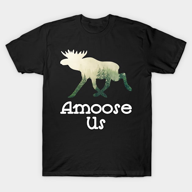 Amoose Us Walking Moose With A Green White Forest Tree Fill T-Shirt by Musa Wander